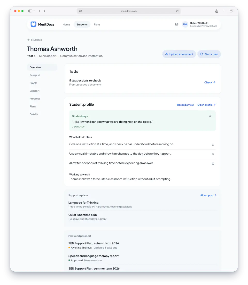 A student overview in MeritDocs: suggestions from uploaded documents to check, the student's own words, what helps in class, the target they are working towards, and the support in place
