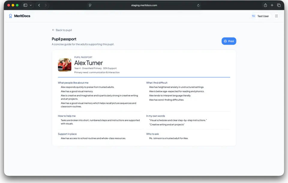 A pupil passport open in MeritDocs: what people like about the pupil, what they find difficult, how to help, the pupil's own words, support in place and who to ask