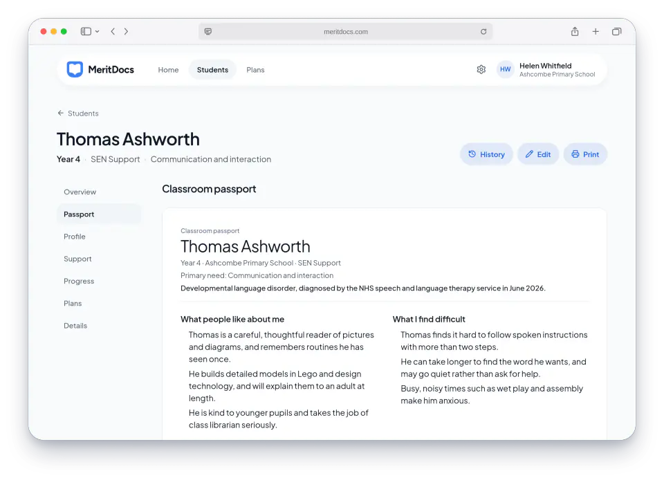 A classroom passport open in MeritDocs: what people like about the pupil, what they find difficult, how to help and the pupil's own words