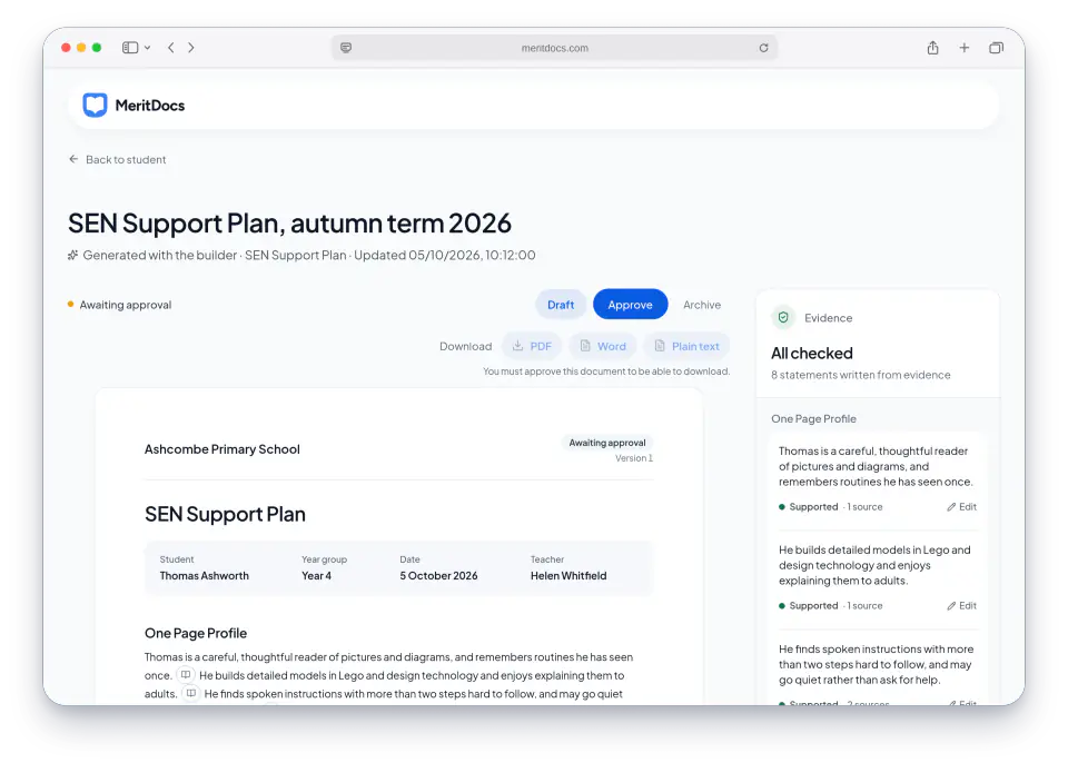 An SEN Support Plan open in MeritDocs, awaiting approval, with the evidence panel showing every statement checked against its source