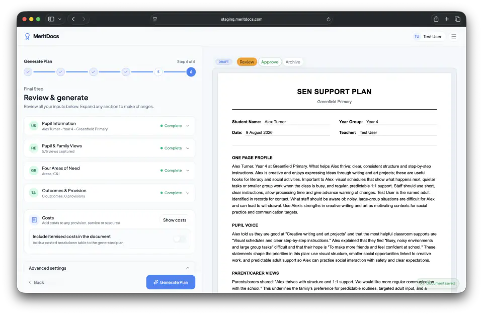 The full MeritDocs plan wizard: six steps complete, every section reviewed, and the drafted SEN support plan ready to approve